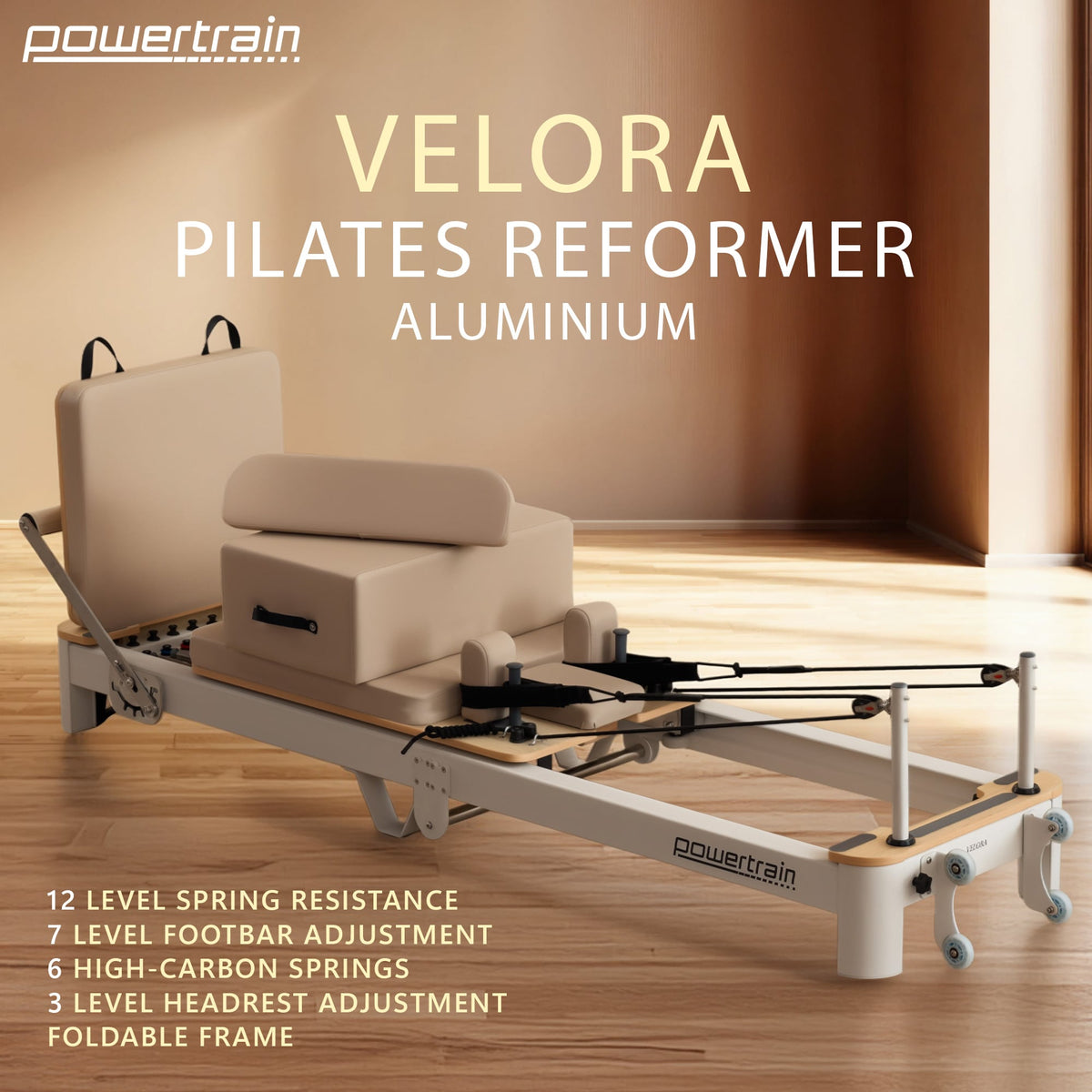 Pilates Reformer featuring Velora design with aluminium frame, foldable, adjustable footbar, and headrest.