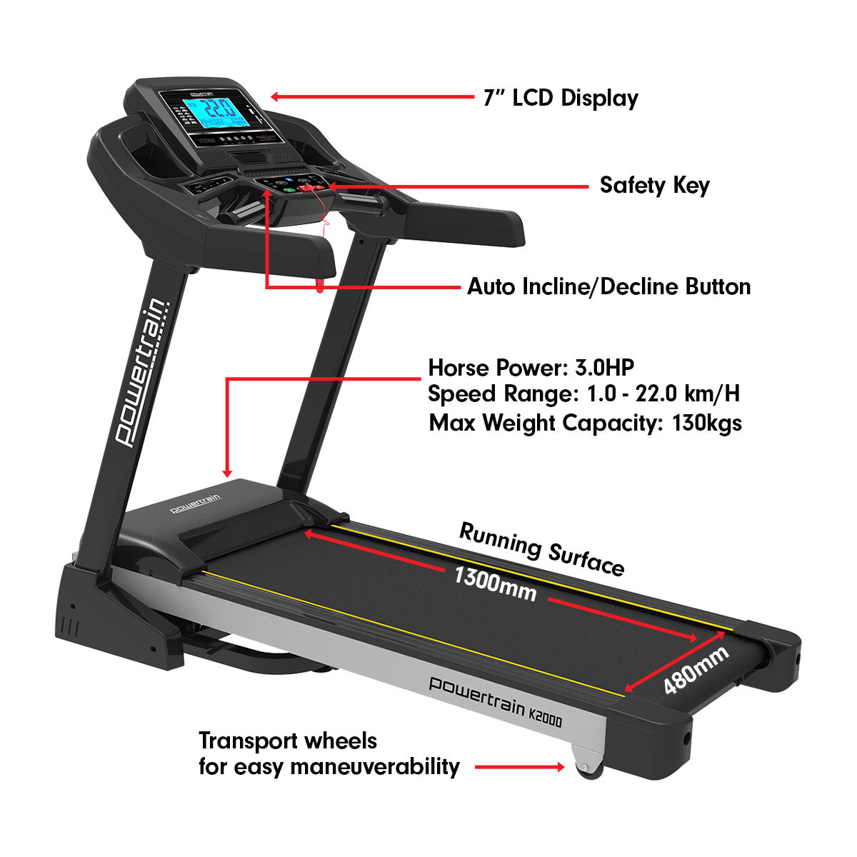 Powertrain K2000 Treadmill with 3.0HP motor, 22km/h speed, 7" LCD, auto incline, and safety features for home workouts.