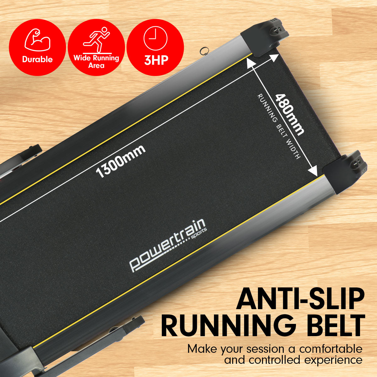 Powertrain K2000 Treadmill anti-slip running belt with durable and wide running area, featuring 3HP motor for controlled workout experience.