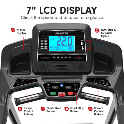7-inch LCD display on Powertrain K2000 Treadmill showing speed and controls with USB, AUX, and SD card inputs.