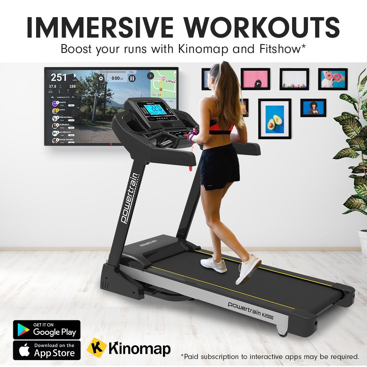 Woman running on Powertrain K2000 Treadmill with immersive workout display and auto incline feature for home fitness.