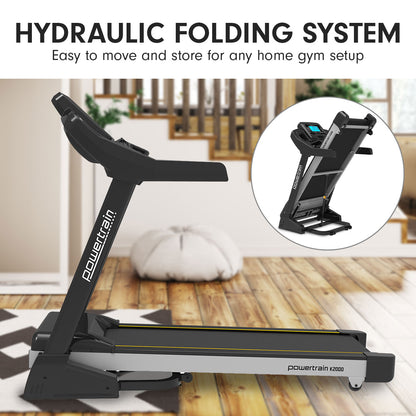 Powertrain K2000 Treadmill with hydraulic folding system in home gym setting