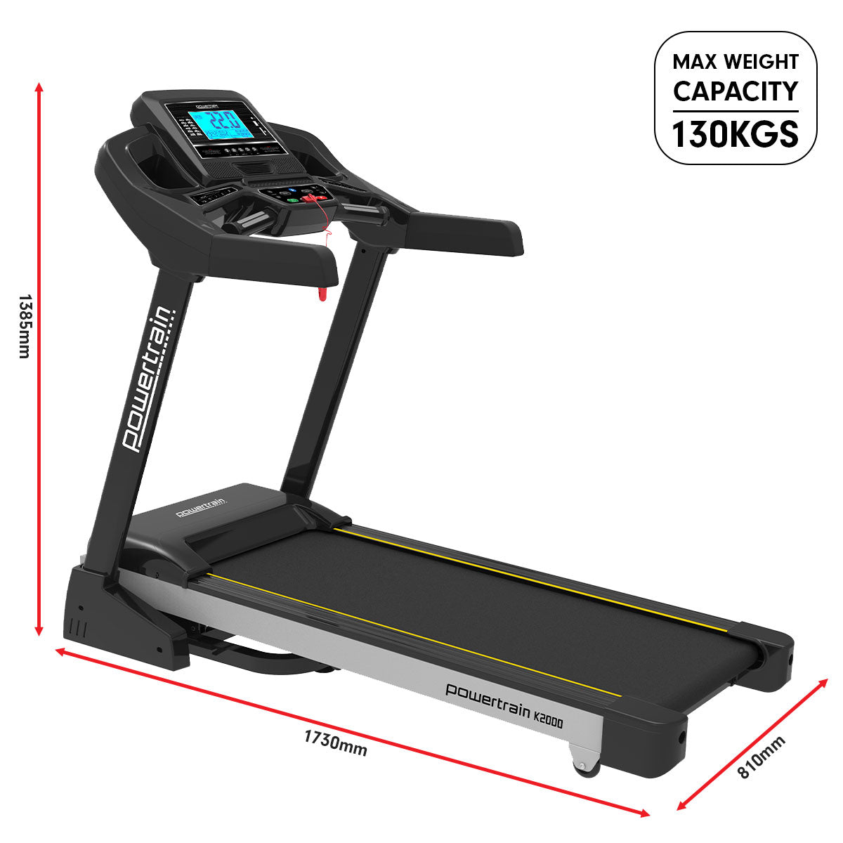 Powertrain K2000 Treadmill with fan, 22km/h speed, and auto incline, 3.0HP motor, 130kg max weight capacity.