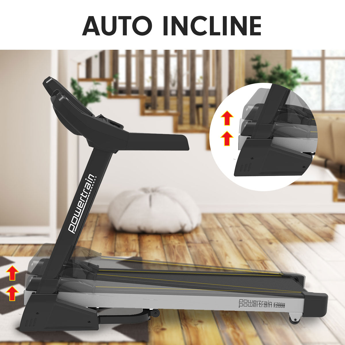 Powertrain K2000 Treadmill with auto incline feature in a home setting delivering professional gym-quality workouts.