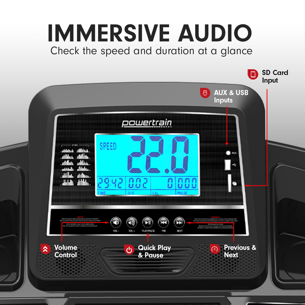 Powertrain K2000 Treadmill display showing 22km/h speed with immersive audio and input features.