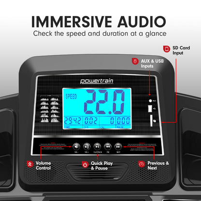 Powertrain K2000 Treadmill display showing 22km/h speed with immersive audio and input features.