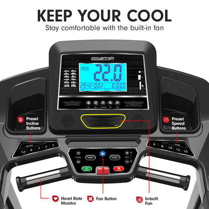 Powertrain K2000 Treadmill control panel with speed display, fan, heart rate monitor, incline and speed buttons.