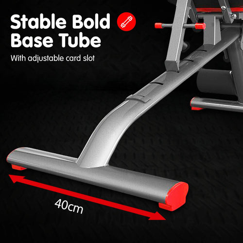 Close-up of the stable bold base tube of the Adjustable Weight Bench with adjustable card slot.
