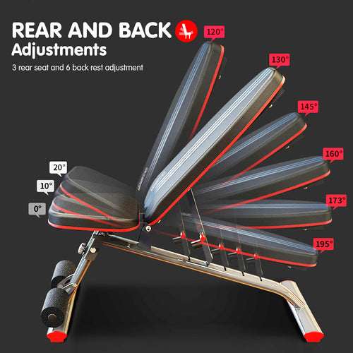 Adjustable Weight Bench showing rear and back adjustments with various angles for enhanced workout versatility.