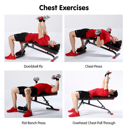 Adjustable Weight Bench demonstrating various chest exercises including Dumbbell Fly, Chest Press, Flat Bench Press, and Overhead Chest Pull Through.