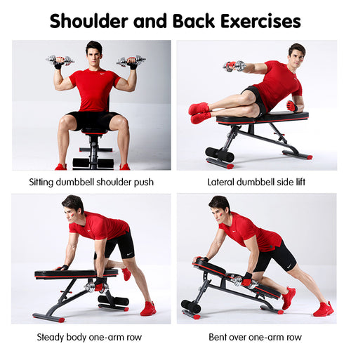 Adjustable Weight Bench exercises demonstration for shoulder and back workouts including dumbbell lifts.