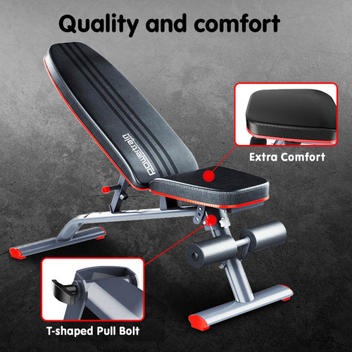 Adjustable Weight Bench showcasing quality and comfort features like extra padding and T-shaped pull bolt.