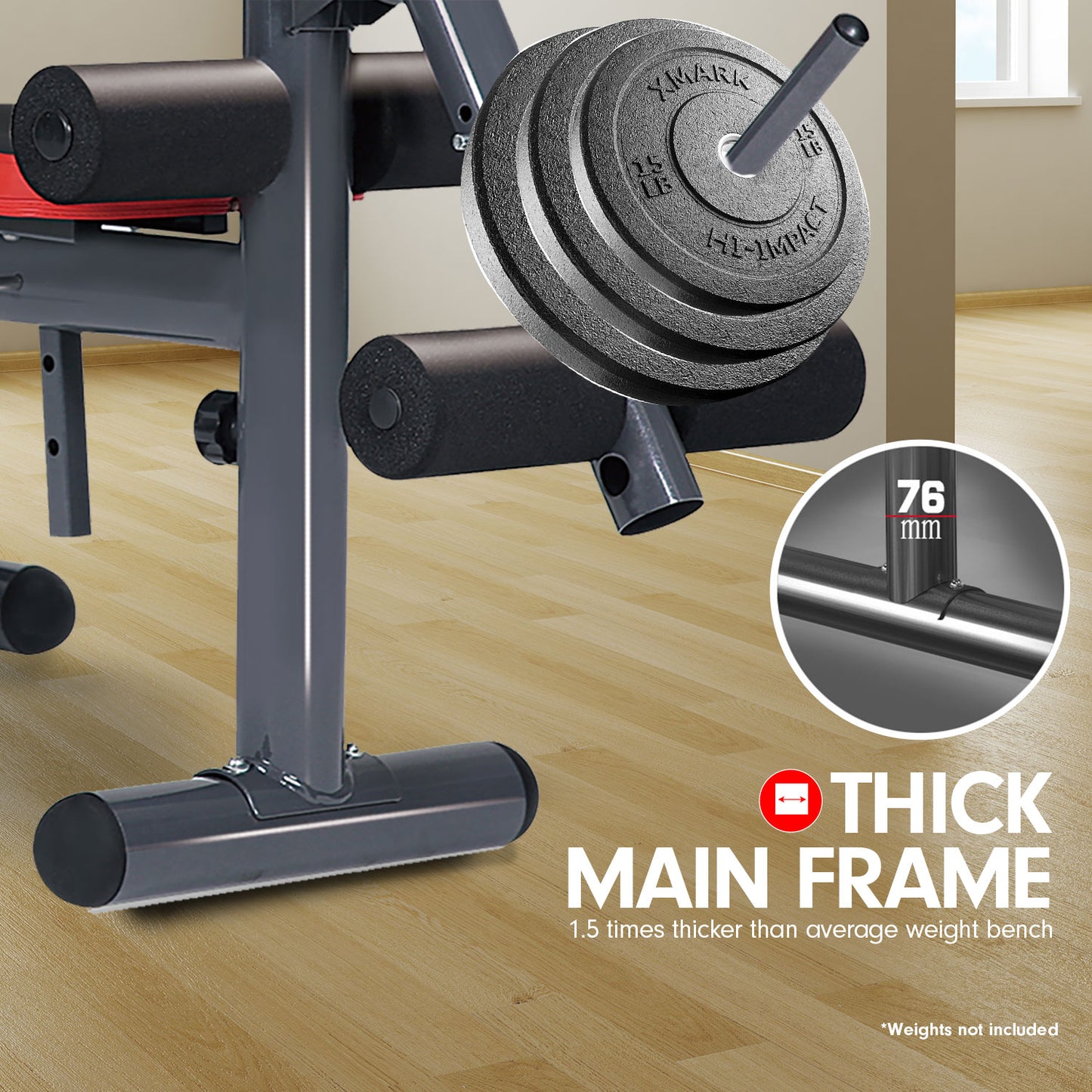 Multi Station Weight Bench with thick main frame for enhanced durability, perfect for home gym strength training and muscle toning.