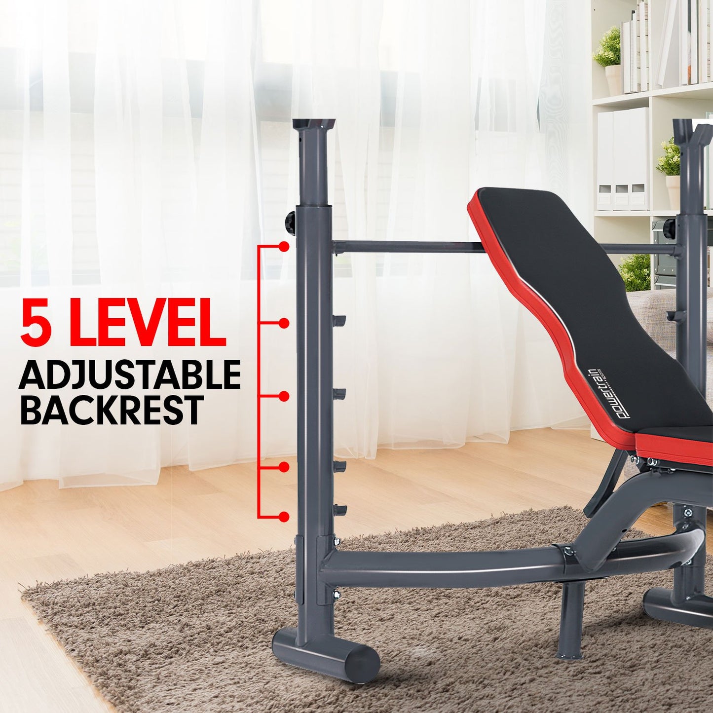 Multi Station Weight Bench with 5 level adjustable backrest for home gym strength training.