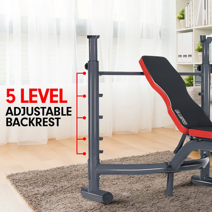 Multi Station Weight Bench with 5 level adjustable backrest for home gym strength training.