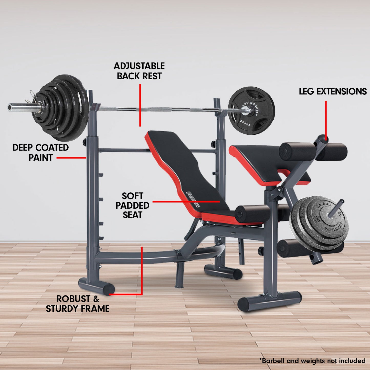 Multi Station Weight Bench with adjustable backrest, preacher curls, leg extensions, and durable frame for home gym training.