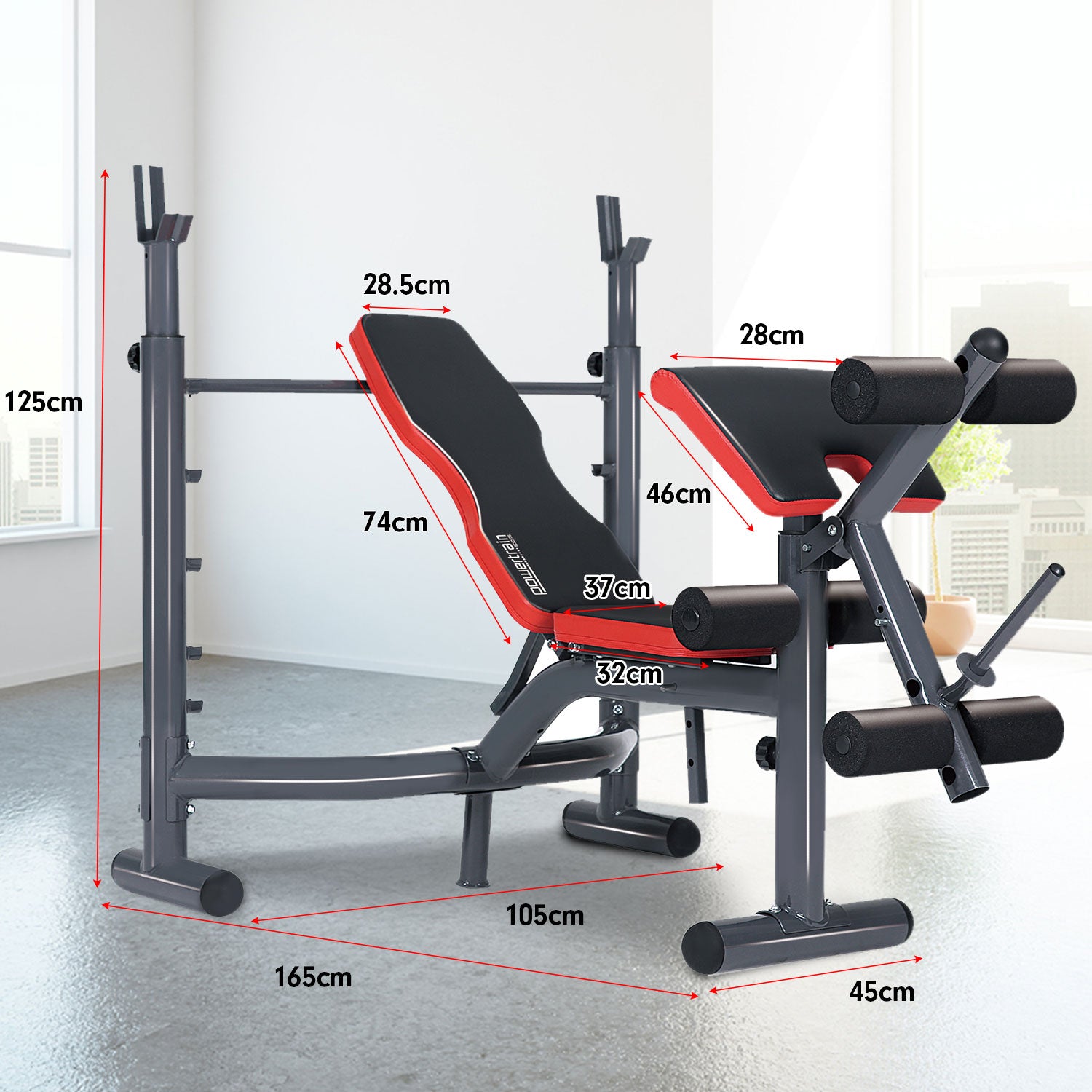 Multi Station Weight Bench for home gym featuring adjustable bench press with measurements for versatile workouts.