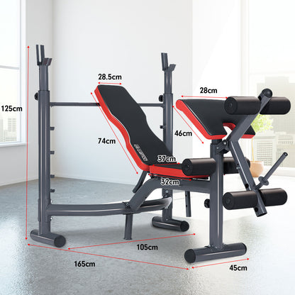 Multi Station Weight Bench for home gym featuring adjustable bench press with measurements for versatile workouts.