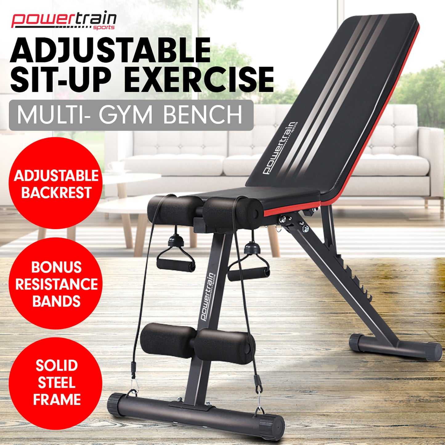 Powertrain Adjustable Exercise Bench with incline decline feature and resistance bands, ideal for versatile home workouts.