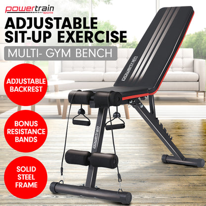 Powertrain Adjustable Exercise Bench with incline decline feature and resistance bands, ideal for versatile home workouts.