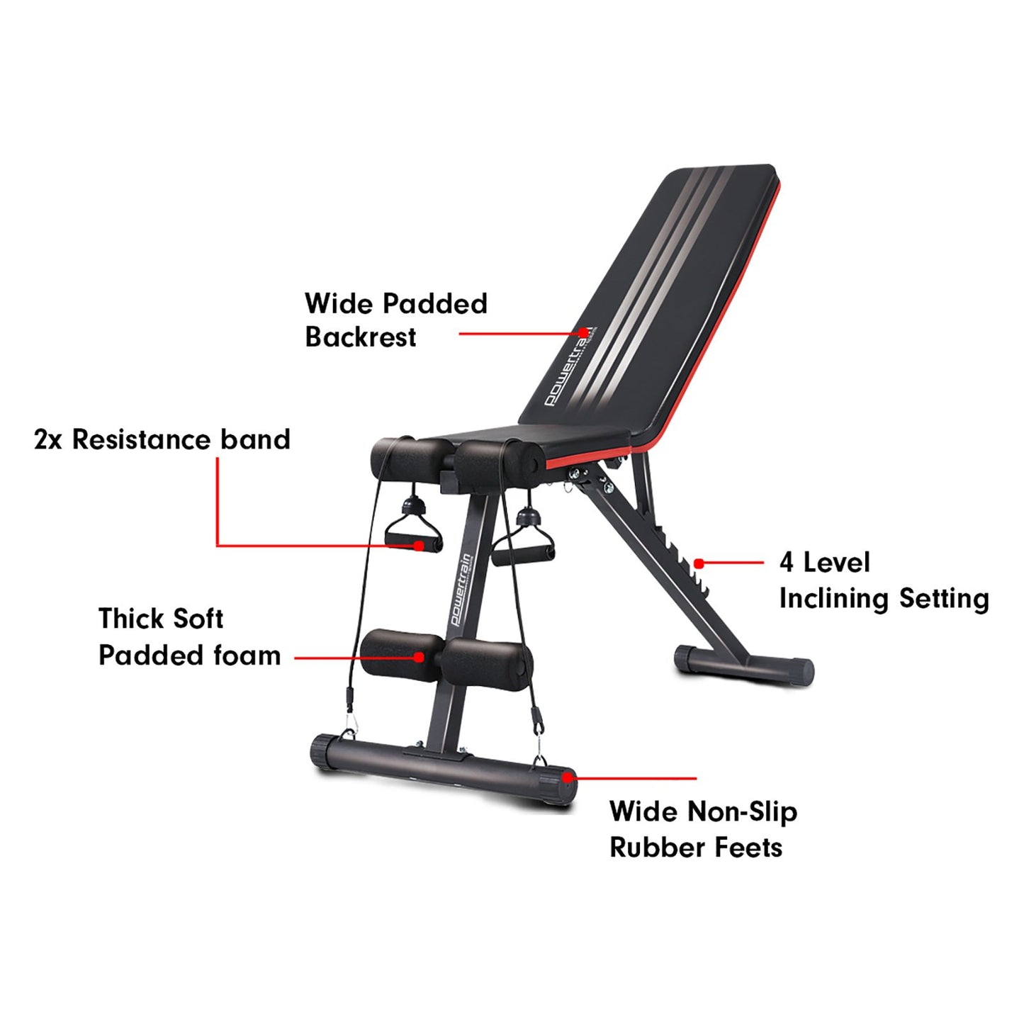 Powertrain Adjustable Exercise Bench with incline decline settings, resistance bands, padded foam, and non-slip feet design.
