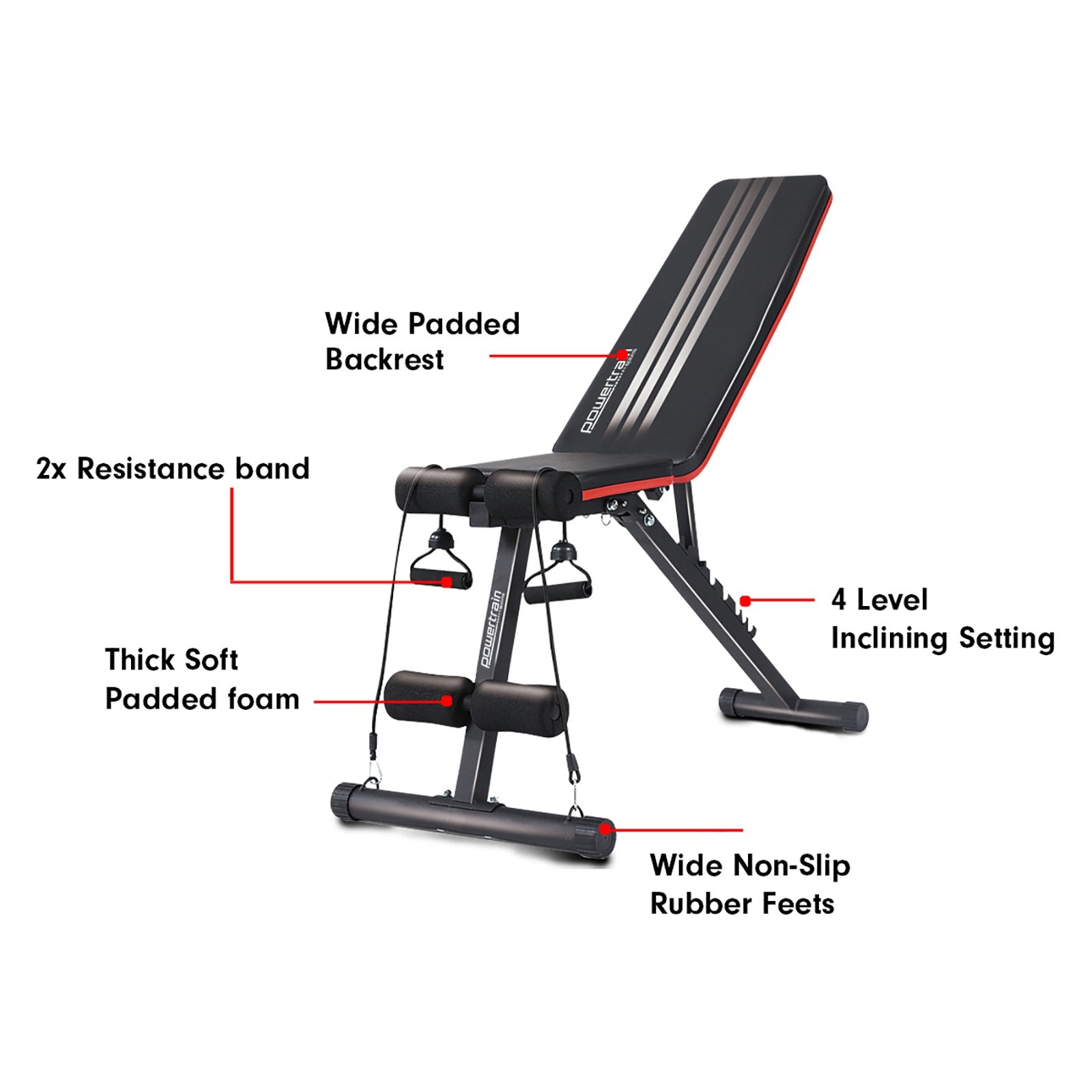 Powertrain Adjustable Exercise Bench with incline decline settings, resistance bands, padded foam, and non-slip feet design.