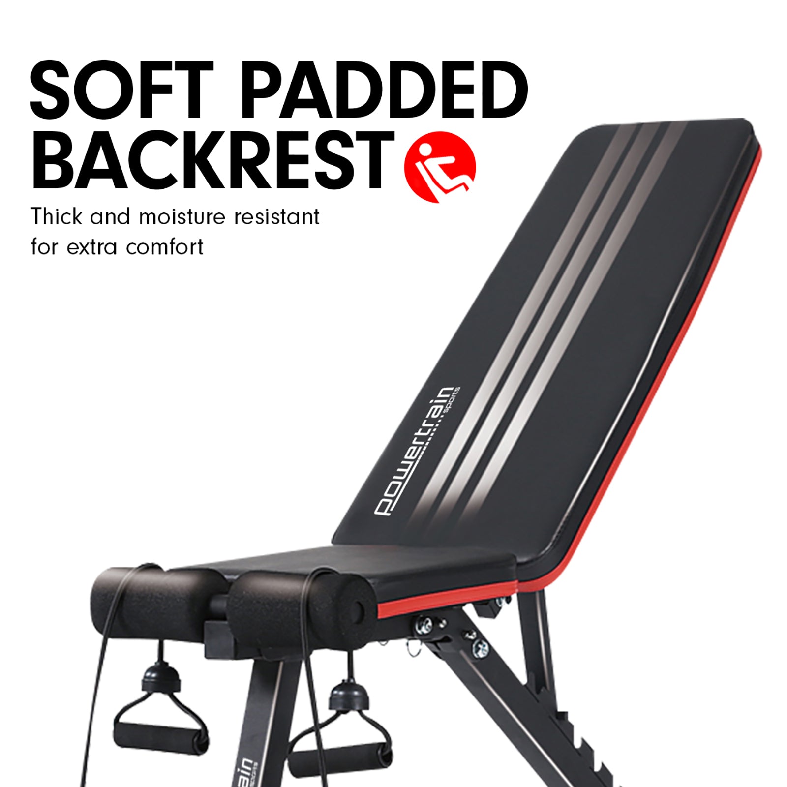 Powertrain Adjustable Exercise Bench with soft padded backrest and resistance bands.