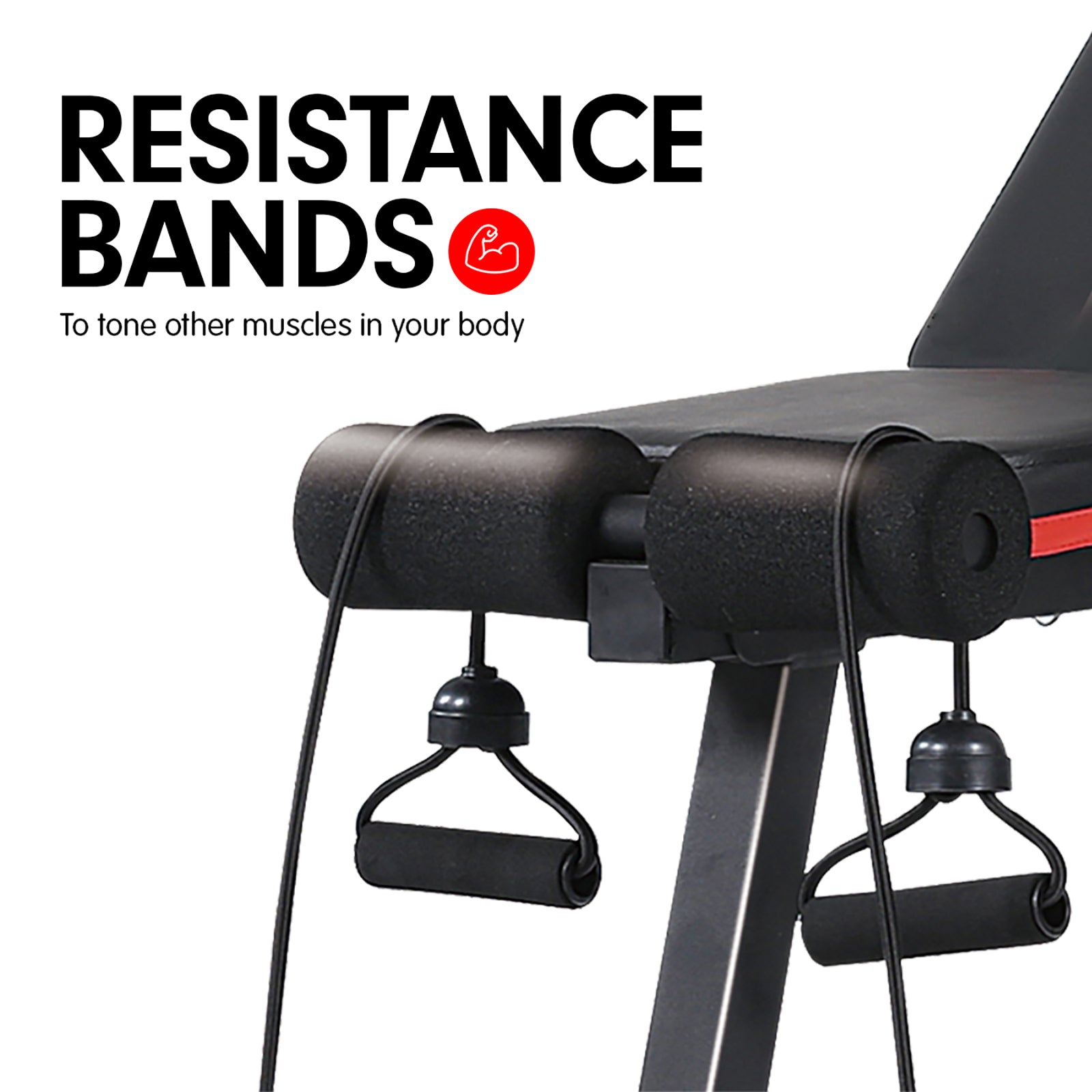 Close-up of Powertrain Adjustable Exercise Bench with resistance bands attached for versatile home workouts.