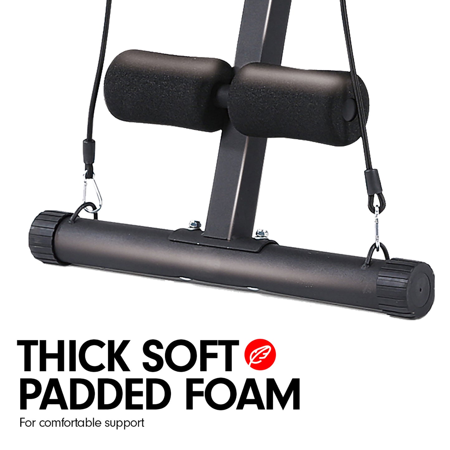 Close-up of Powertrain Adjustable Exercise Bench featuring thick soft padded foam for comfortable support with attached resistance bands.