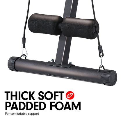 Close-up of Powertrain Adjustable Exercise Bench featuring thick soft padded foam for comfortable support with attached resistance bands.