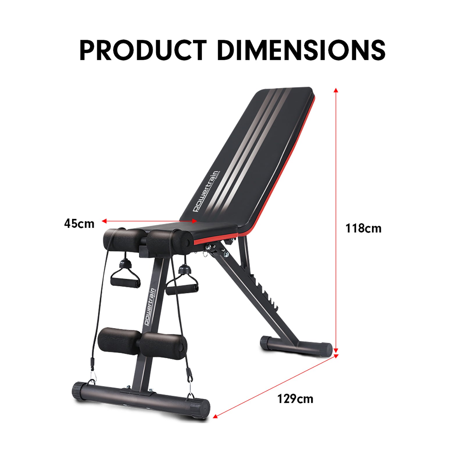 Powertrain Adjustable Exercise Bench with dimensions and resistance bands, ideal for versatile home workouts and strength training.
