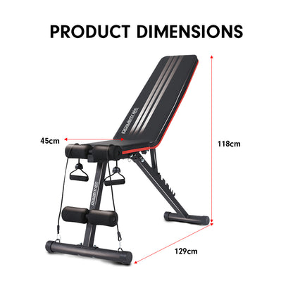 Powertrain Adjustable Exercise Bench with dimensions and resistance bands, ideal for versatile home workouts and strength training.