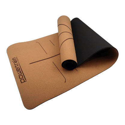 Powertrain cork yoga mat with 6mm cushioning and carry straps, non-slip surface