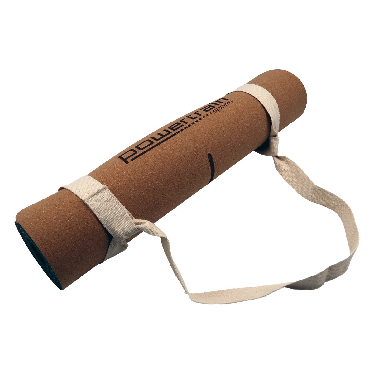 Powertrain cork yoga mat with 6mm cushioning and carry straps, non-slip surface