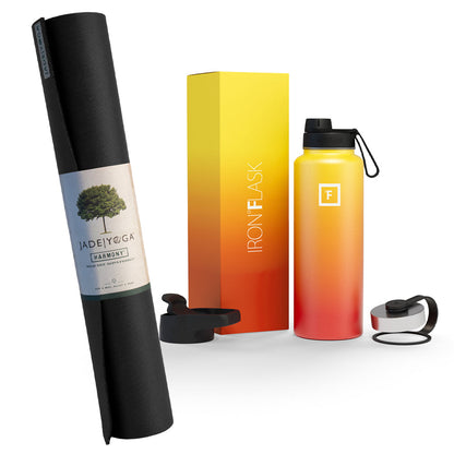 Black natural rubber yoga mat by Jade with Fire Iron Flask bottle