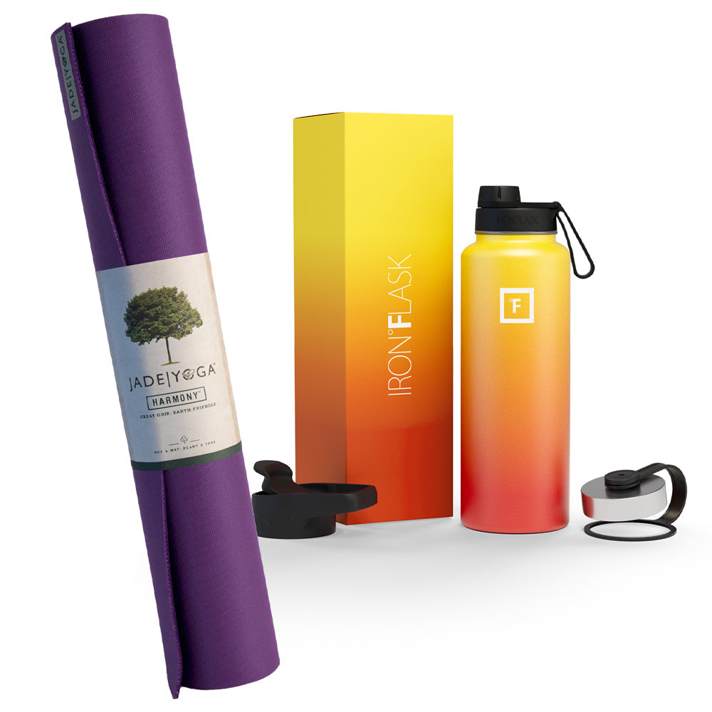 Purple Jade Yoga Harmony mat with 950ml Iron Flask water bottle