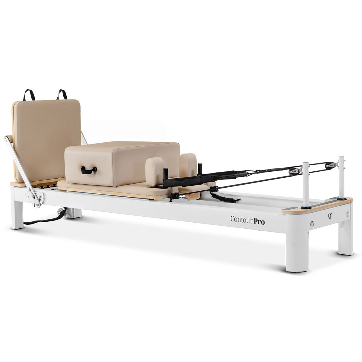 Lifespan Contour Pro aluminum Pilates reformer bed set in beige with Pilates box, jump board, and foot strap