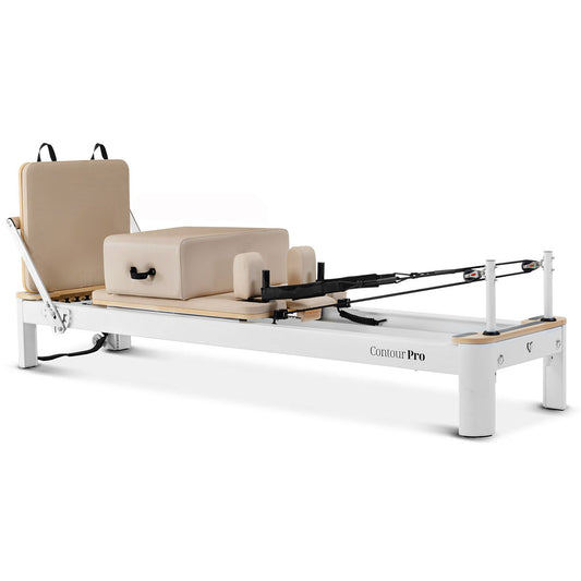 Lifespan Contour Pro aluminum Pilates reformer bed set in beige with Pilates box, jump board, and foot strap