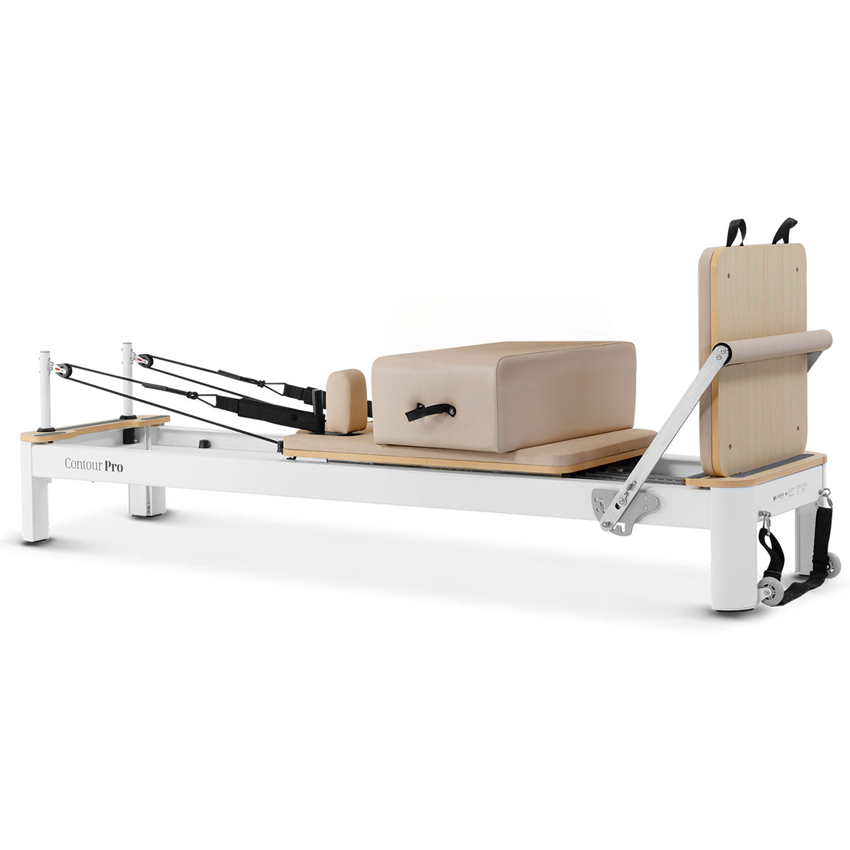 Lifespan Contour Pro aluminum Pilates reformer bed set in beige with Pilates box, jump board, and foot strap