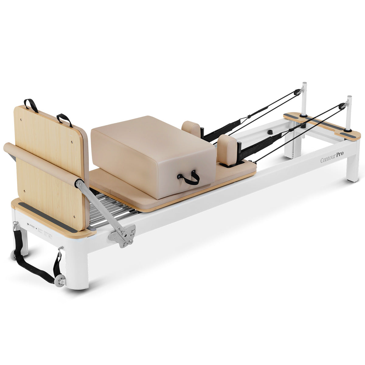 Lifespan Contour Pro aluminum Pilates reformer bed set in beige with Pilates box, jump board, and foot strap