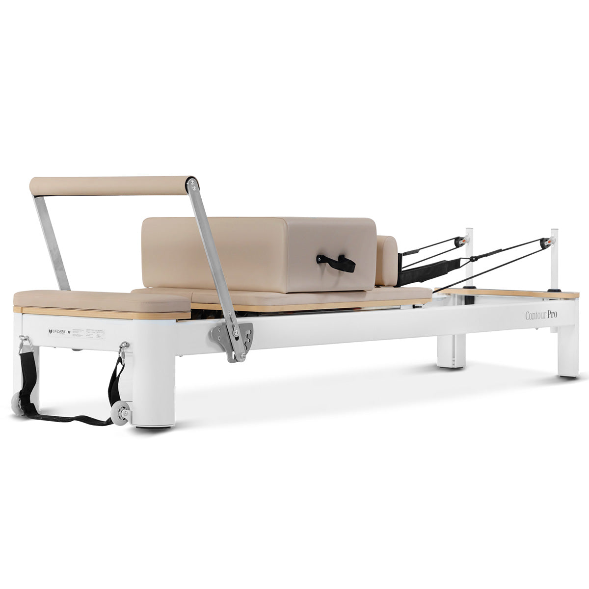 Lifespan Contour Pro aluminum Pilates reformer bed set in beige with Pilates box, jump board, and foot strap