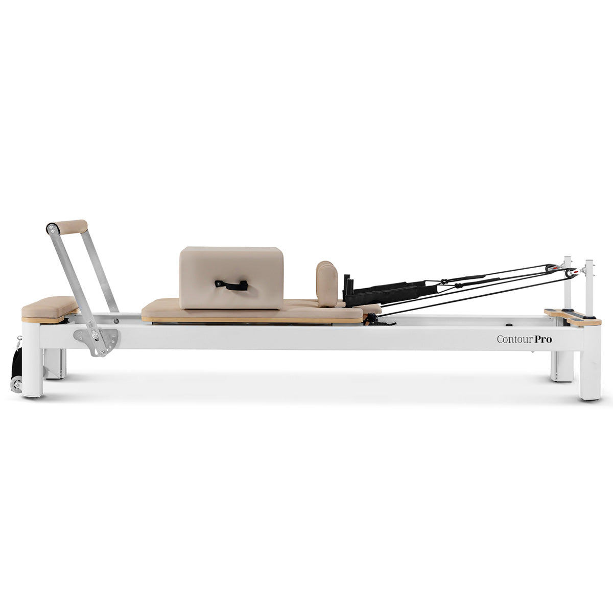 Lifespan Contour Pro aluminum Pilates reformer bed set in beige with Pilates box, jump board, and foot strap