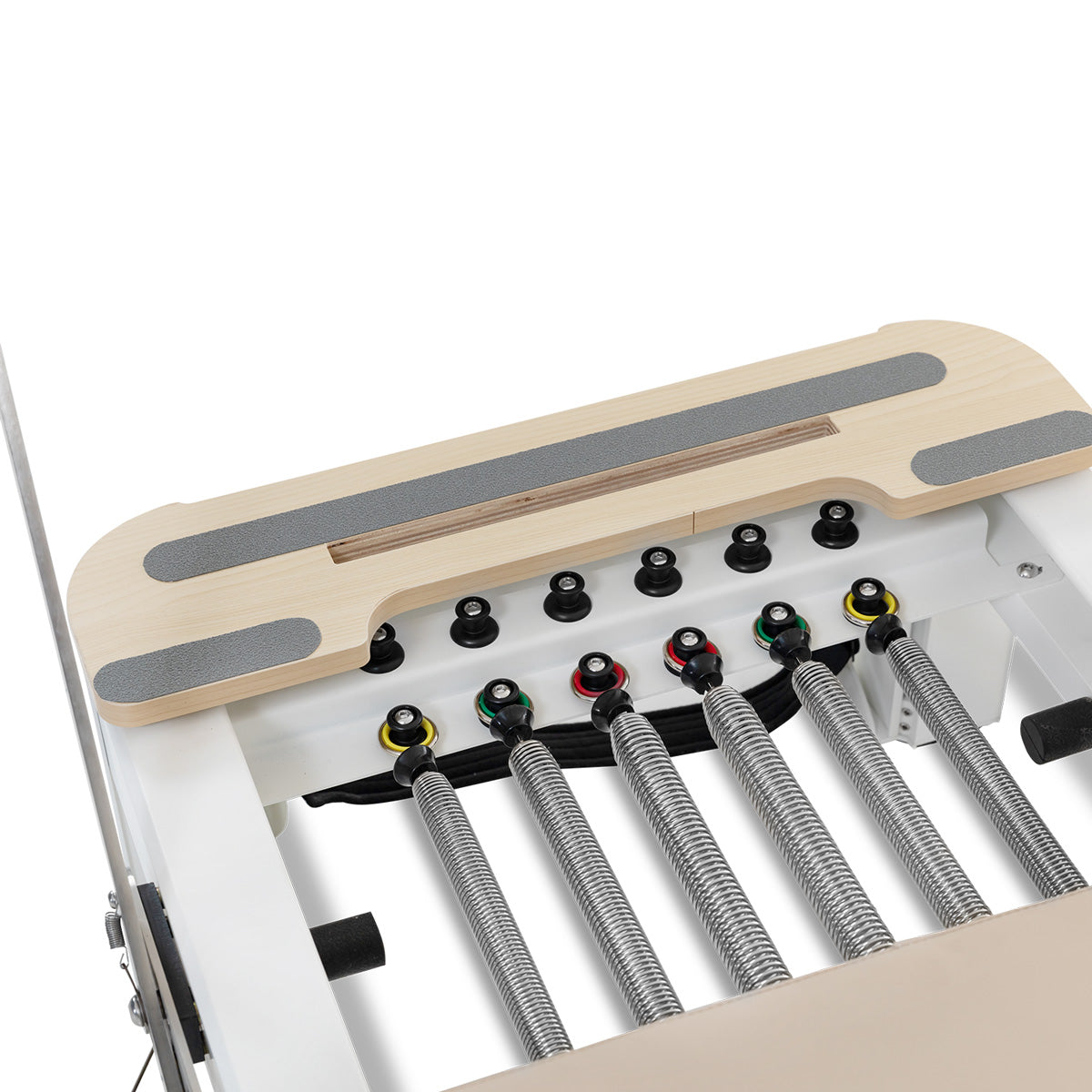 Lifespan Contour Pro aluminum Pilates reformer bed set in beige with Pilates box, jump board, and foot strap