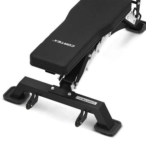 Close-up of the adjustable CORTEX commercial FID bench, showcasing its sturdy design and comfortable padding.