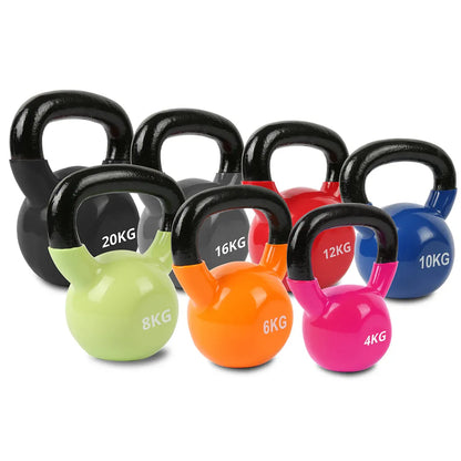 Kettlebell set with various weights ranging from 4kg to 20kg, featuring vibrant colors and durable design.