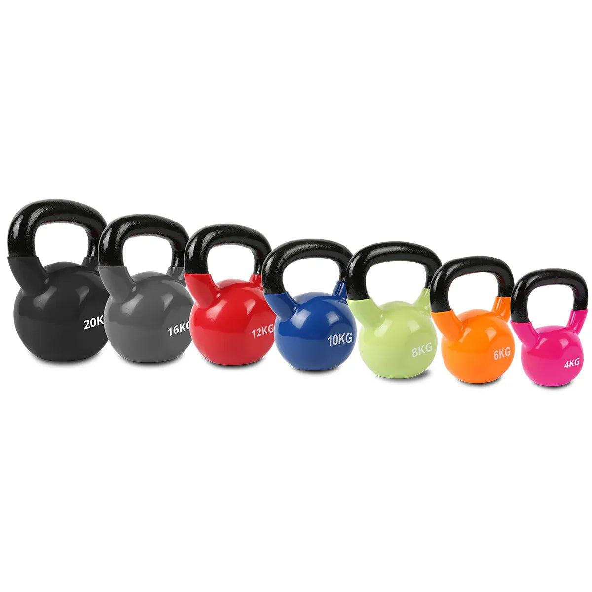 Kettlebell set featuring various weights ranging from 4kg to 20kg, suitable for all fitness levels.