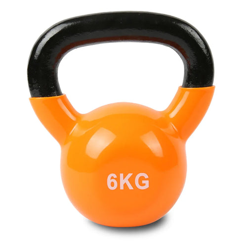 Orange 6KG kettlebell set for strength training, featuring a sturdy vinyl coating for durability.