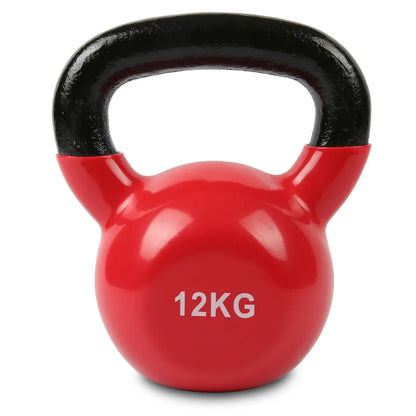 Kettlebell Set – Vinyl Cast Iron 12kg kettlebell featuring a glossy red finish and durable handle.