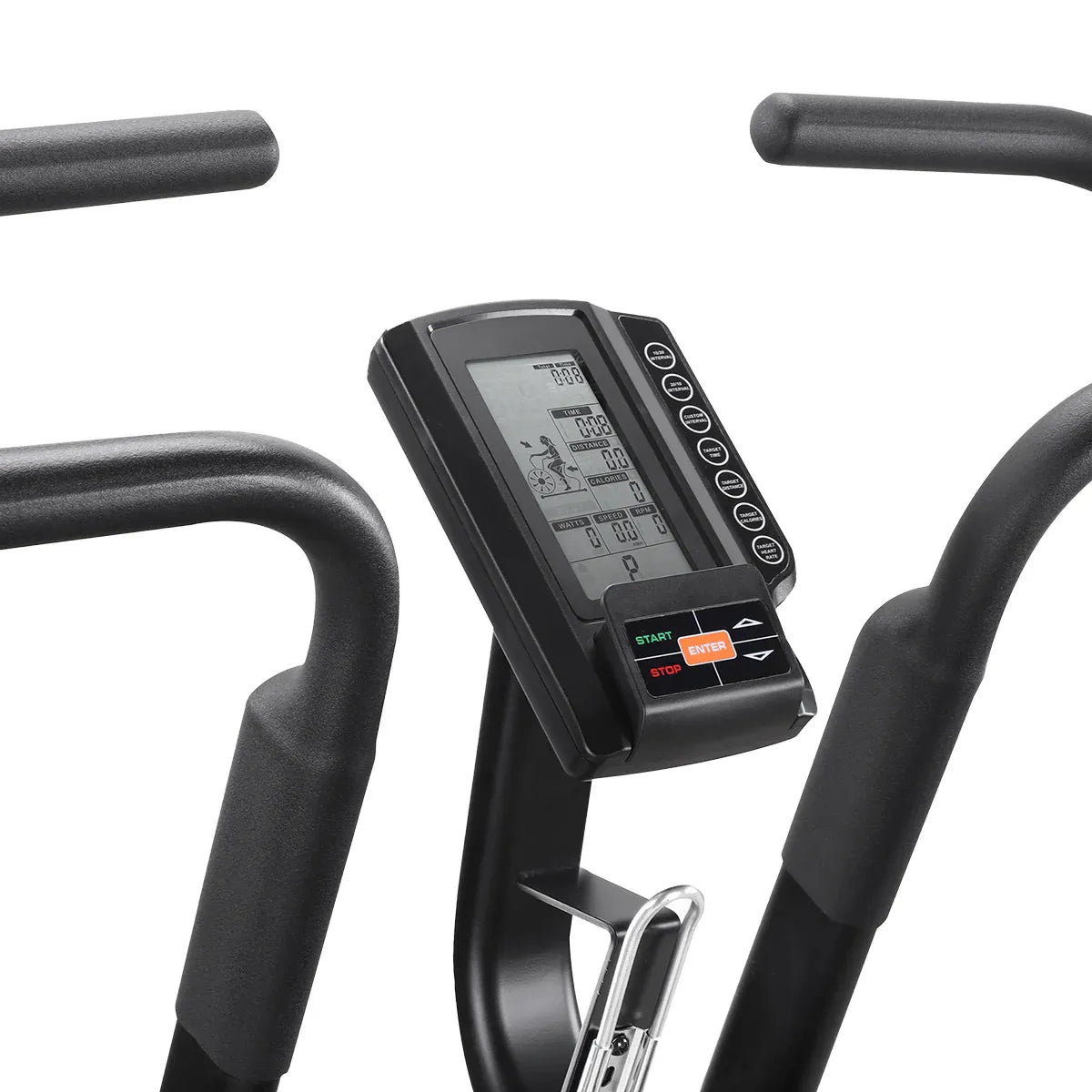Commercial Air Bike display console with buttons for workout settings and performance metrics.