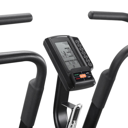 Commercial Air Bike display console with buttons for workout settings and performance metrics.